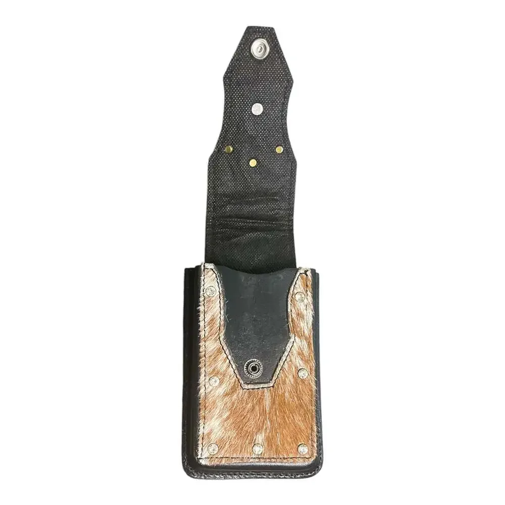 Western Cowhide Leather Phone Holster Case with Rooster Concho and Rhinestones